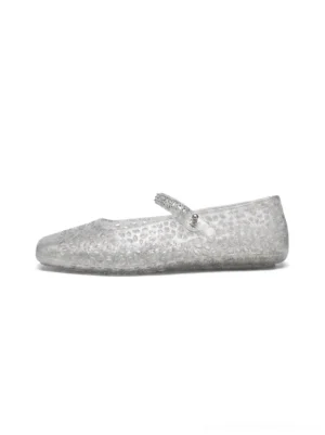 Silver crystal glitter jelly Mary Jane flats with translucent floral cutout upper and square toe side view