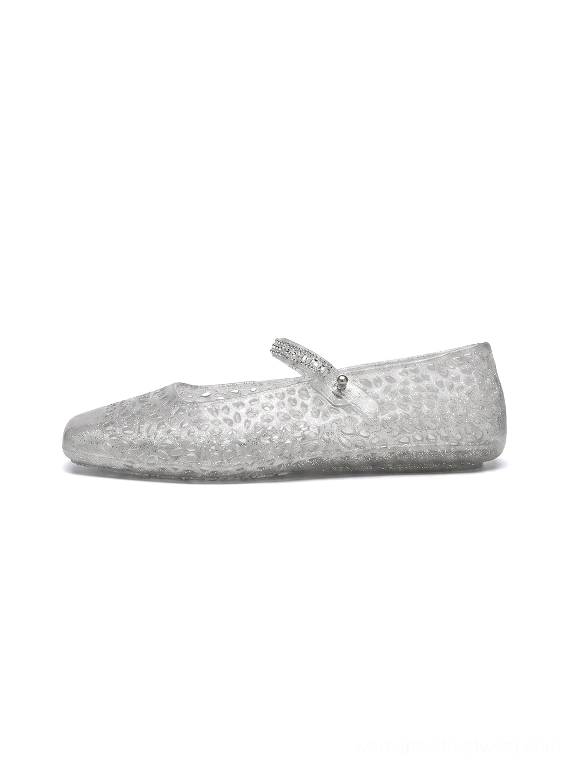 Silver crystal glitter jelly Mary Jane flats with translucent floral cutout upper and square toe side view