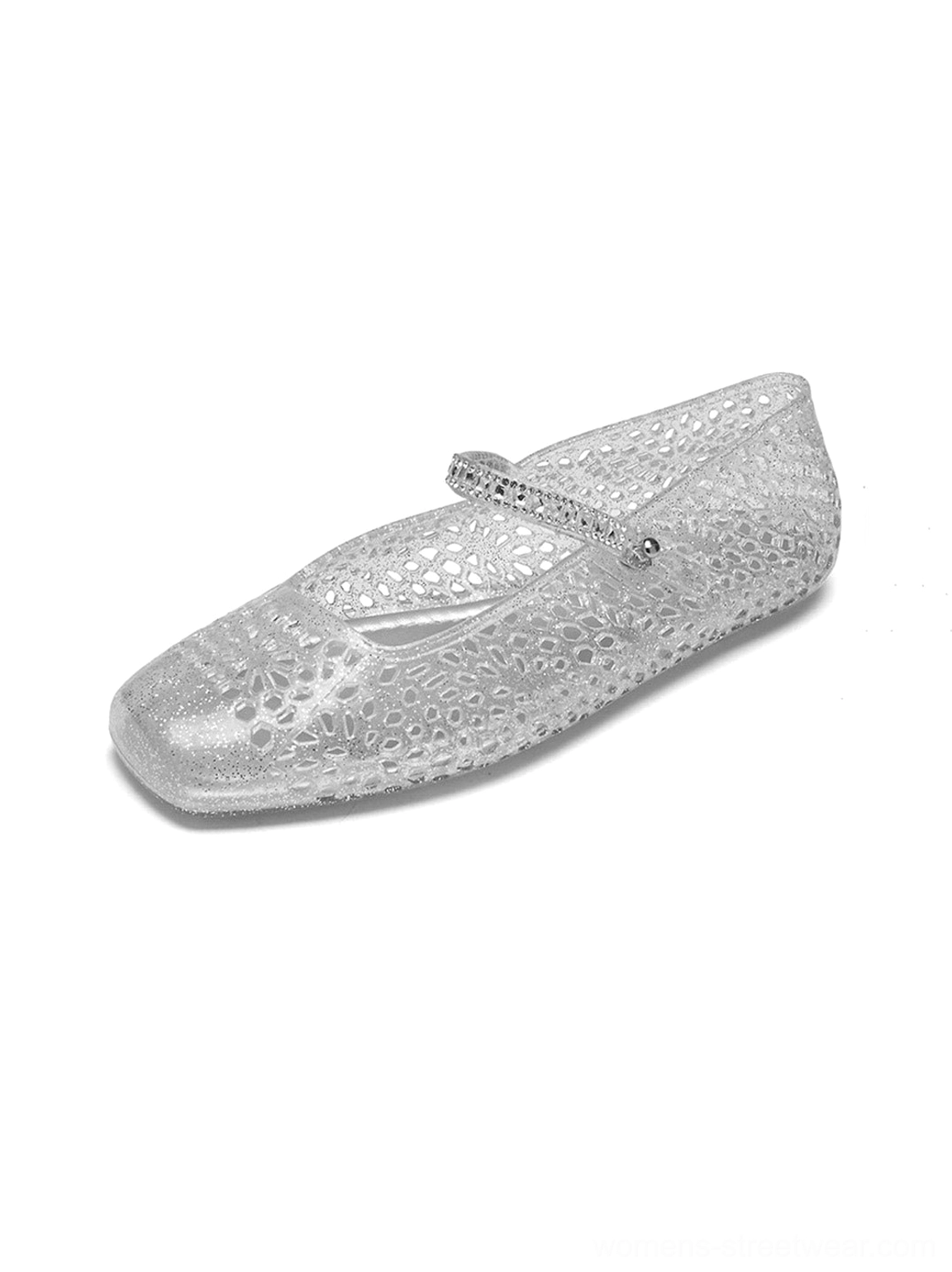 Silver crystal glitter jelly Mary Jane flats product view with square toe adjustable buckle strap and floral cutouts