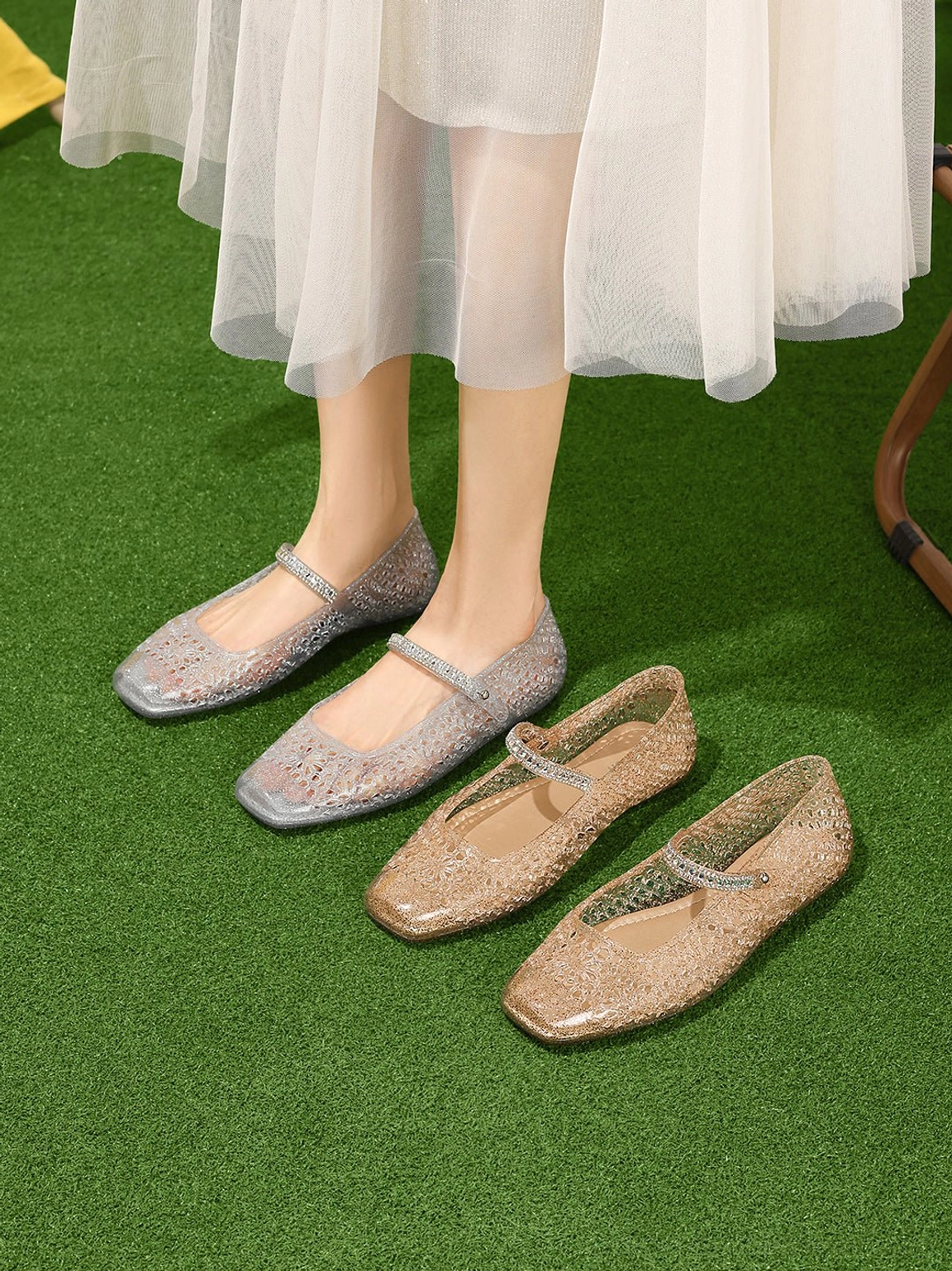 Crystal glitter jelly Mary Jane ballet flats featuring translucent square toe and flexible flat sole