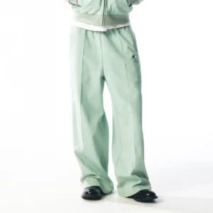 Mint green curved stripe quick-dry track pants with relaxed wide-leg streetwear fit and adjustable hem
