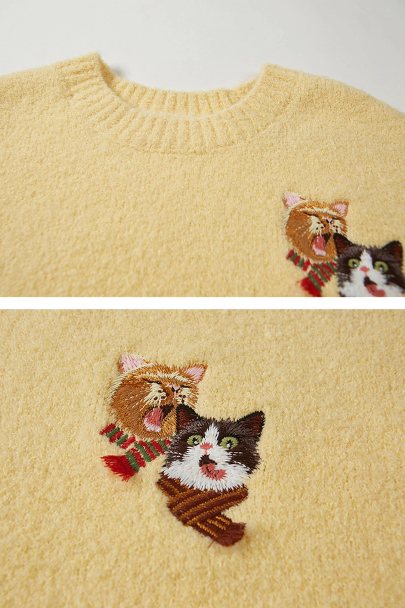 Cute embroidered cat sweater with loose fit and versatile crewneck design for Korean casual fashion