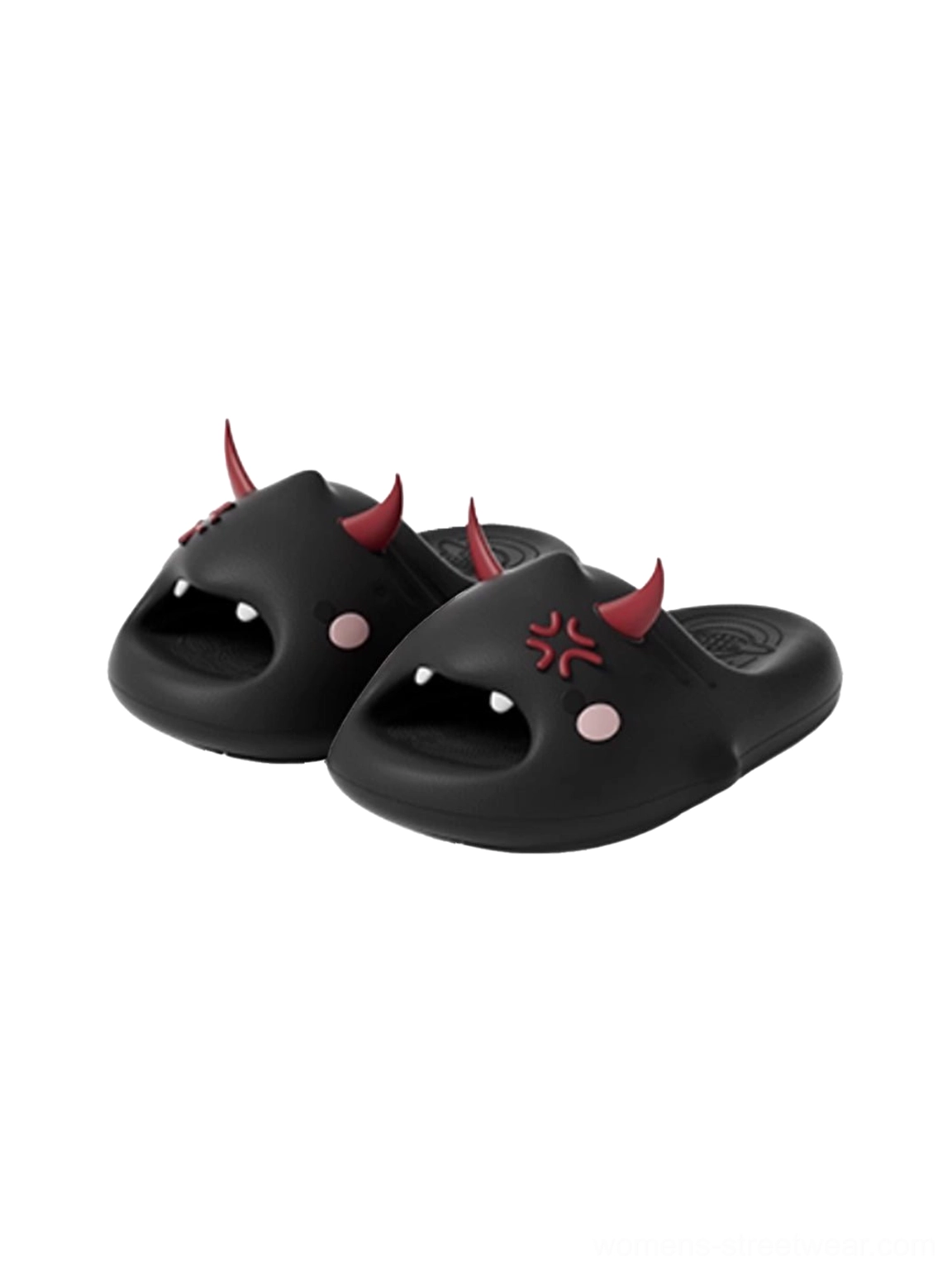 Black shark platform slide slippers with expressive cartoon face open heel and textured non-slip outsole