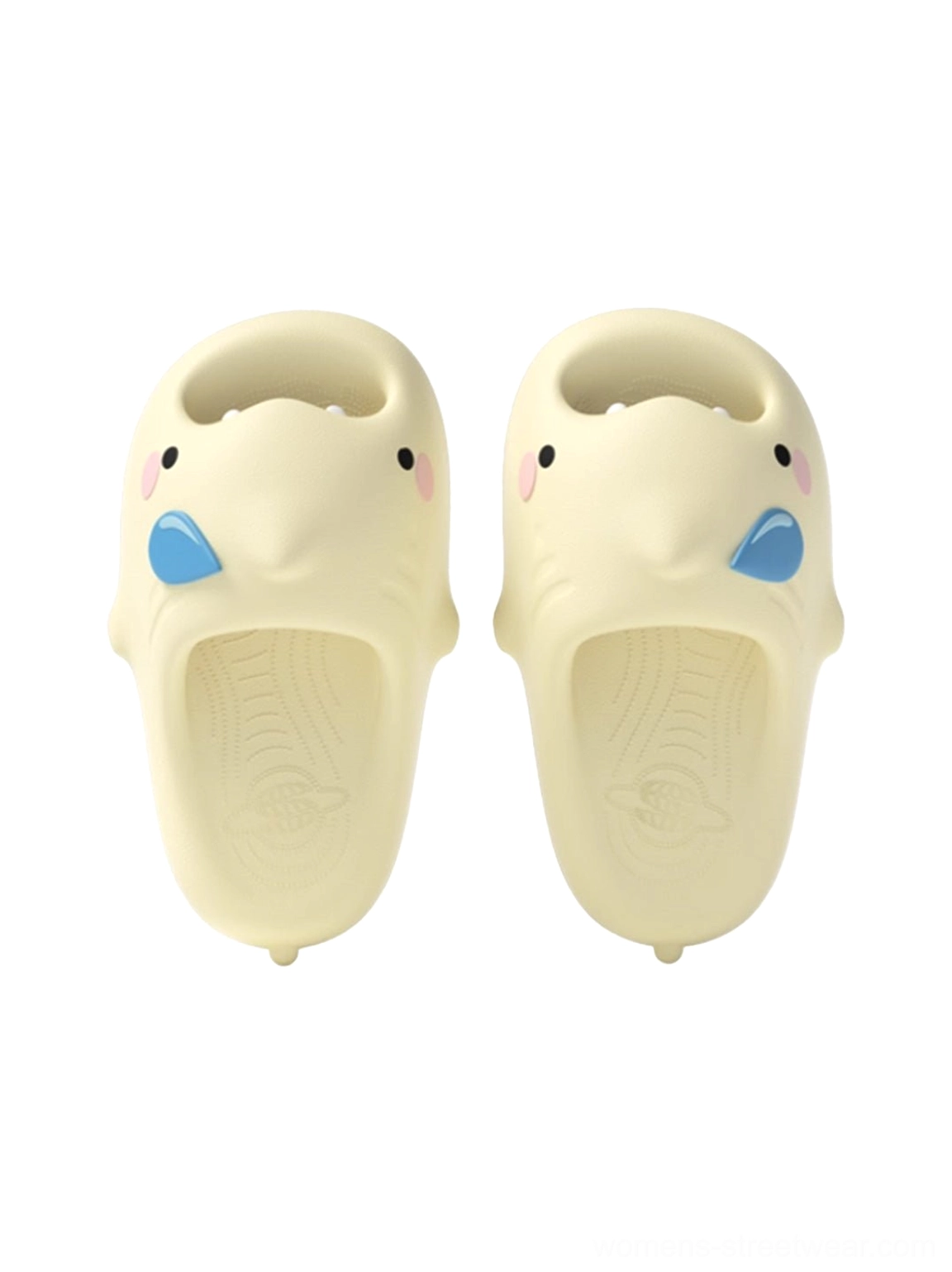 Front flat lay of matching shark character slippers with expressive faces patterned insoles and platform soles