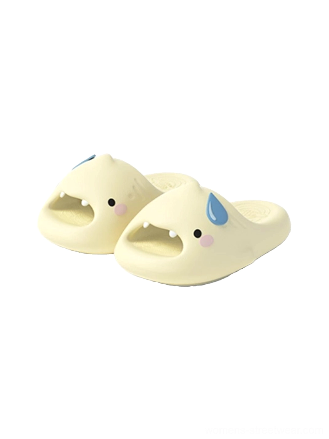 Pair of matching shark platform slide slippers from a low side angle showing open mouths fins and chunky soles