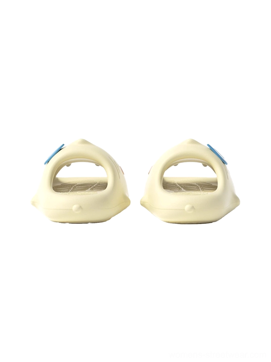 Rear top-down view of shark platform slide slippers showing open heel slots smooth uppers and textured outsoles