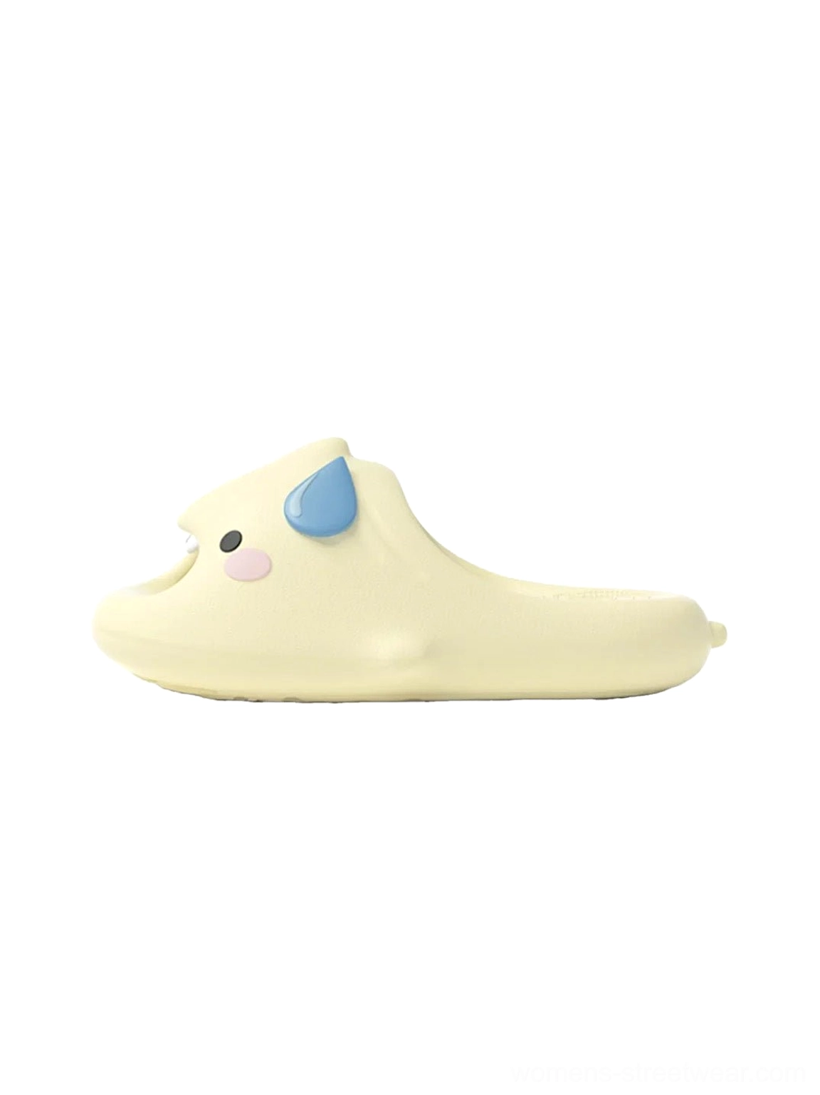 Pale yellow cartoon shark platform slide slipper shown in left side profile with blue dorsal fin pink cheek and playful open-tooth face