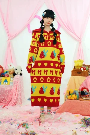 Cute strawberry pattern knit sweater dress with sailor collar, loose long fit, hidden side pockets, and colorful East Asian streetwear styling