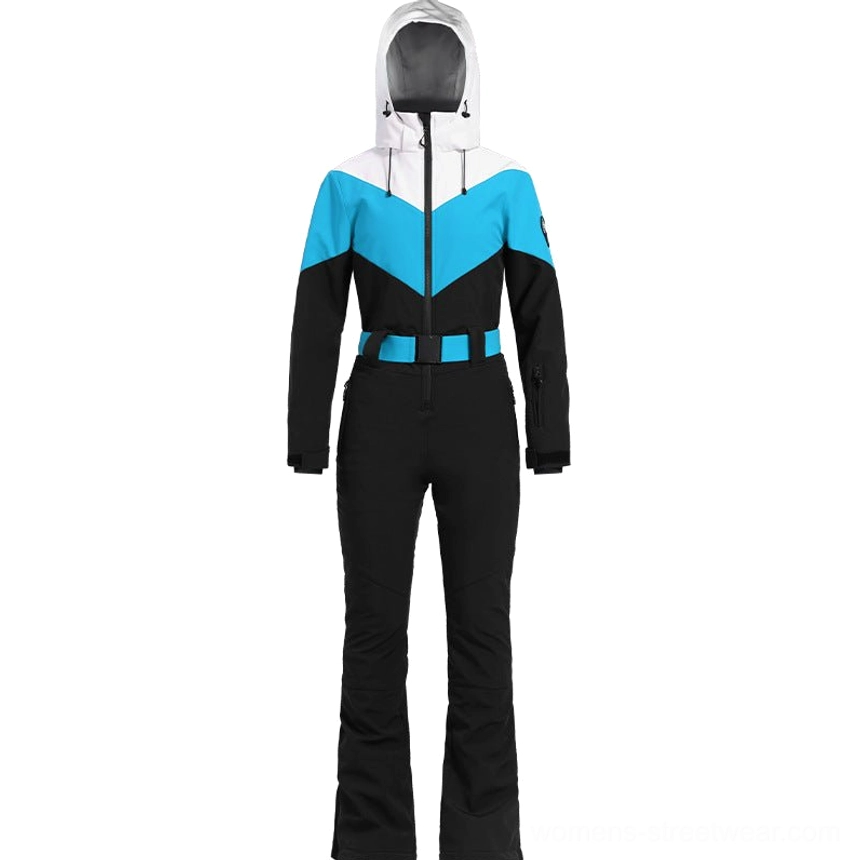 Cyan black white women's hooded one-piece ski suit displayed from the front with slim fit silhouette flared black pants and cyan belt