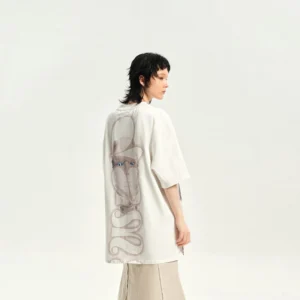 Cyborg anatomy graphic oversized white streetwear T-shirt back view with cyber monogram print