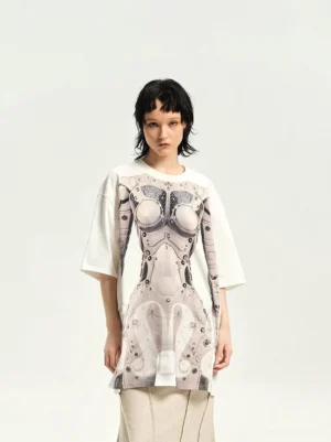 Cyborg anatomy graphic oversized streetwear T-shirt front full body view with beige maxi skirt