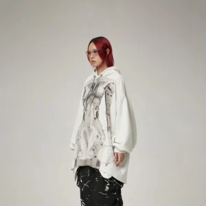 Side view of a loose cyborg graphic hoodie with long drop shoulder sleeves, oversized silhouette, and cyberpunk-inspired front print