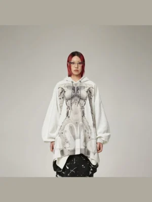 Front view of an off-white cyborg print oversized hoodie with futuristic cybernetic torso graphic, drop shoulders, irregular hem, and relaxed streetwear fit