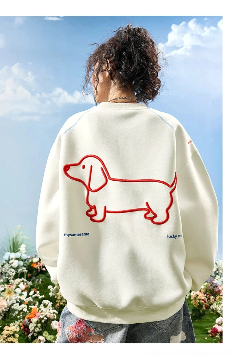 Dachshund embroidered oversized crewneck sweatshirt streetwear product image featuring playful red dog embroidery and relaxed fit