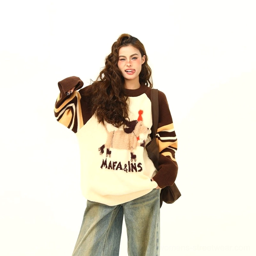 Dachshund graphic oversized knit sweater in brown and cream with striped raglan sleeves for women's streetwear