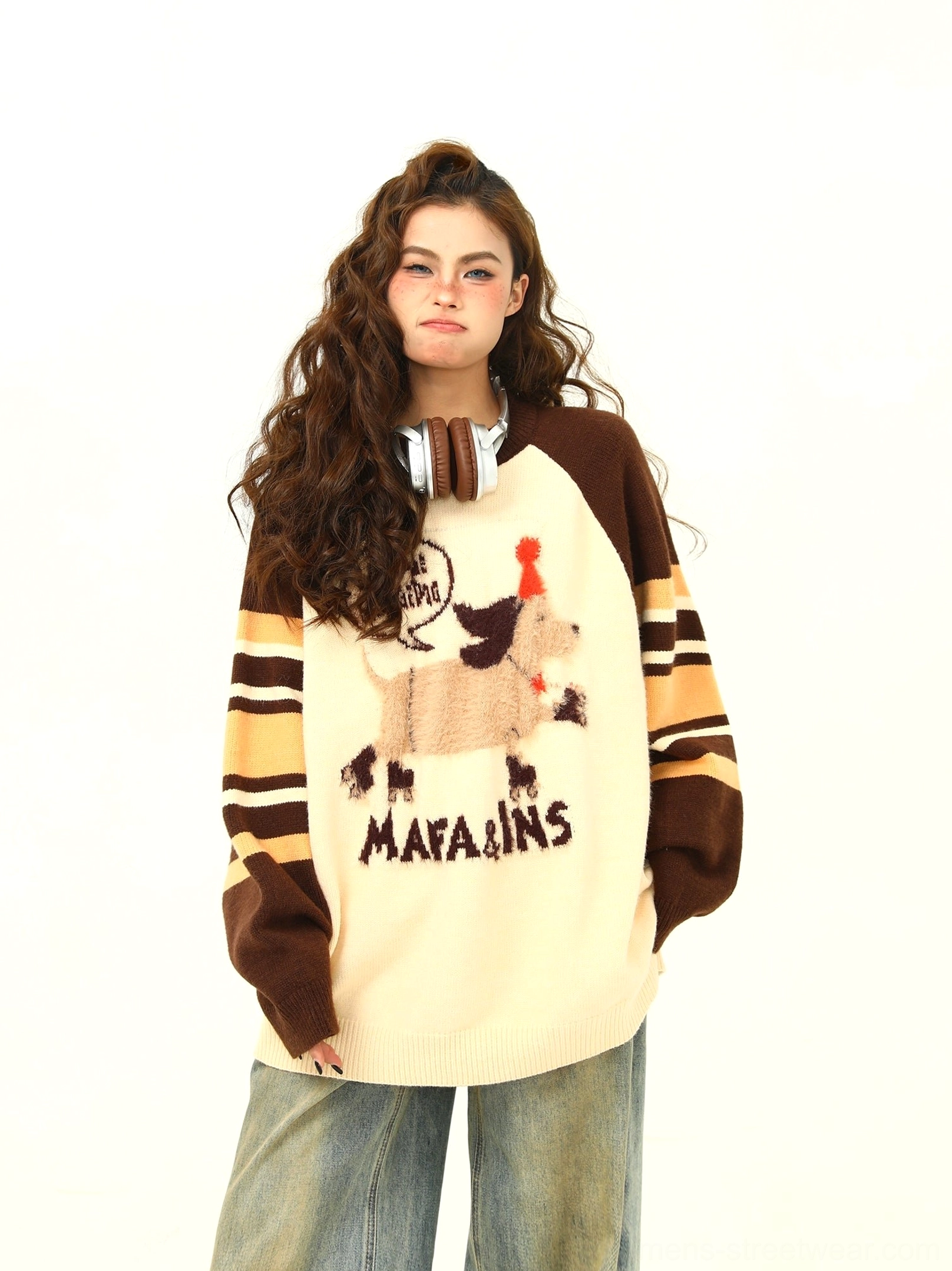 Dachshund raglan knit sweater with playful fuzzy front graphic styled as a cozy autumn and winter streetwear outfit