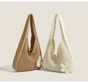 Khaki and off white daisy crochet hobo shoulder bags with open-knit texture and wide integrated straps