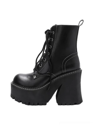 Black daisy hardware platform combat ankle boots with chunky block heels shown in left side profile