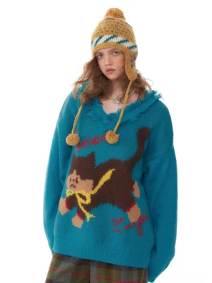 Teal blue dancing cat jacquard V-neck knit sweater with yellow ribbon detail and loose Korean streetwear silhouette