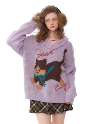 Light purple dancing cat jacquard V-neck knit sweater with fuzzy frayed neckline and relaxed Y2K Seoul streetwear fit