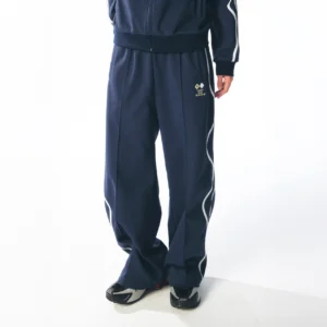 Dark blue curved stripe quick-dry track pants styled with a matching track jacket and white side stripes