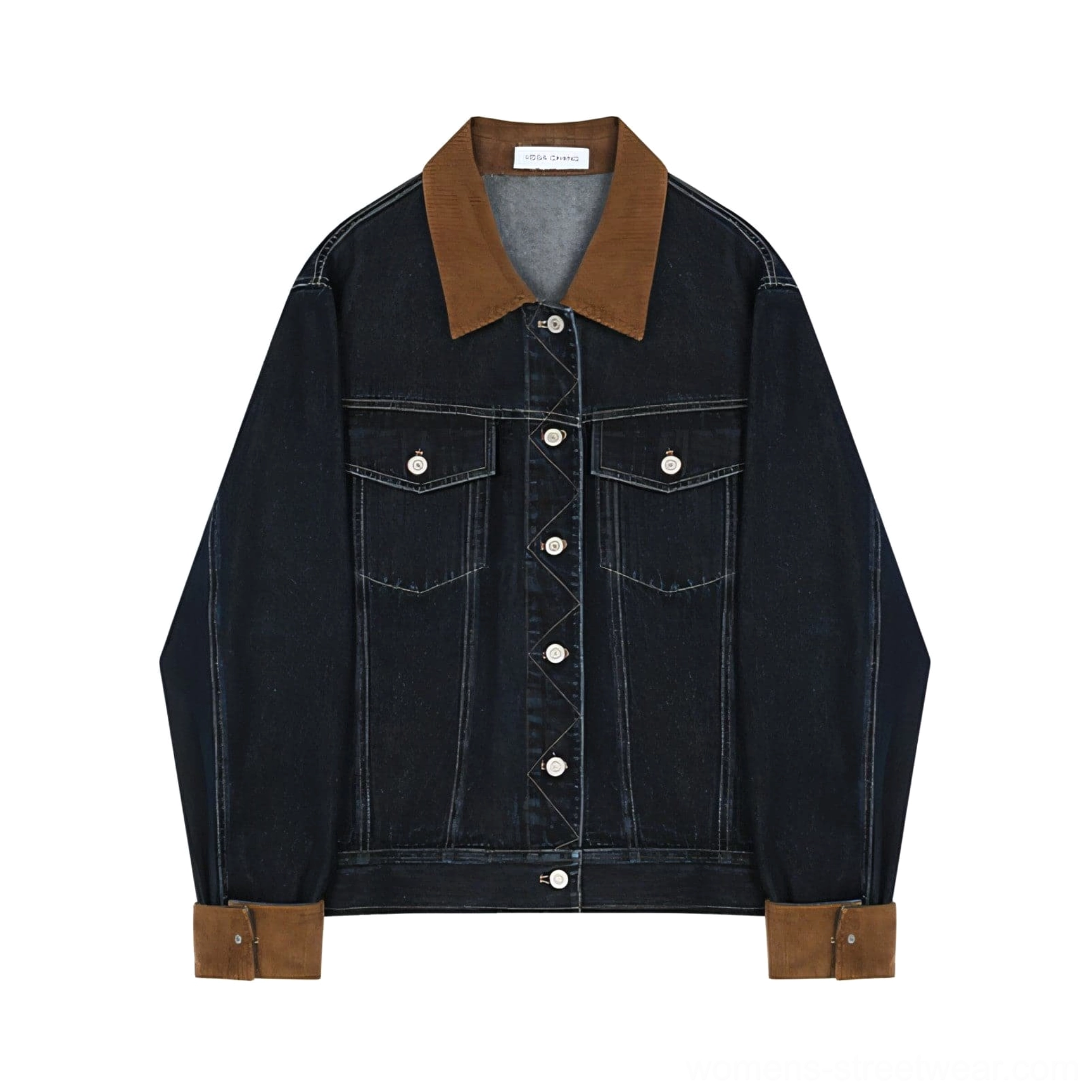Dark blue denim jacket flat lay showing brown corduroy collar, buttoned cuffs, metal buttons, chest pockets, and contrast topstitching
