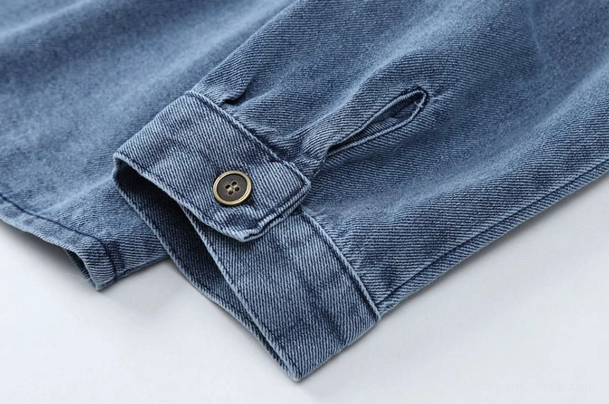 Dark blue denim shirt jacket with vintage wash and loose silhouette for everyday Korean-inspired fashion outfits