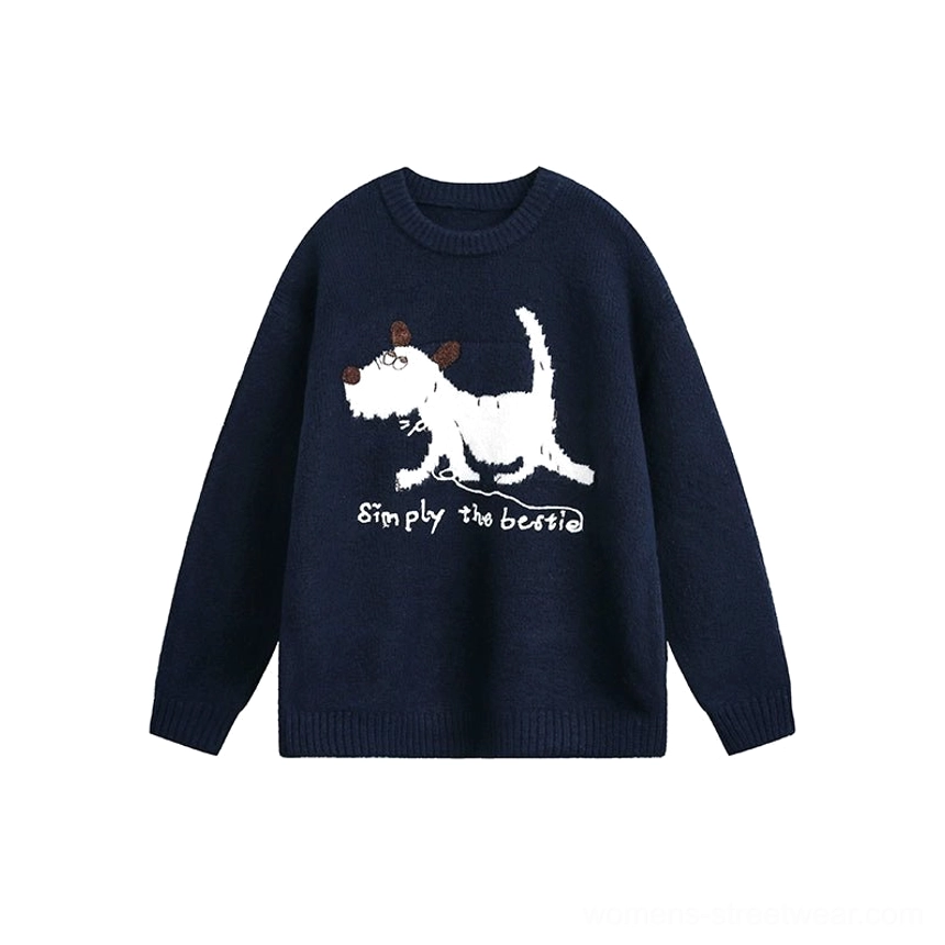 Dark blue oversized crewneck knit sweater with white puppy graphic and Simply the bestie slogan flat lay