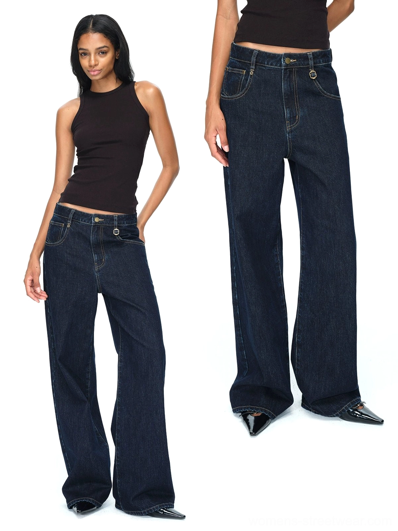 Back view of dark blue raw denim wide-leg jeans with contrast embroidered pockets and deep indigo finish