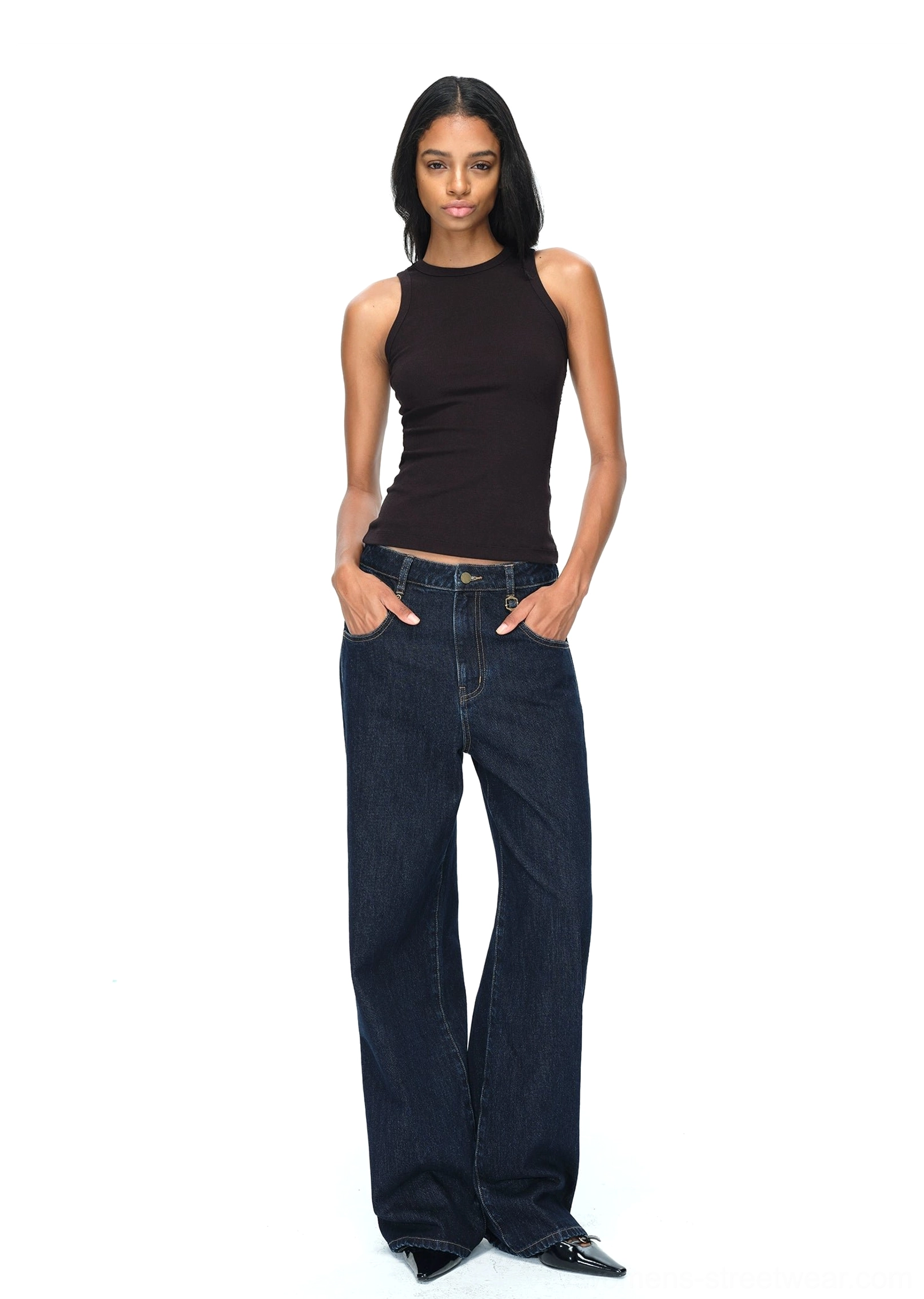 Dark blue raw denim wide-leg jeans product detail with classic cotton denim construction and clean finish