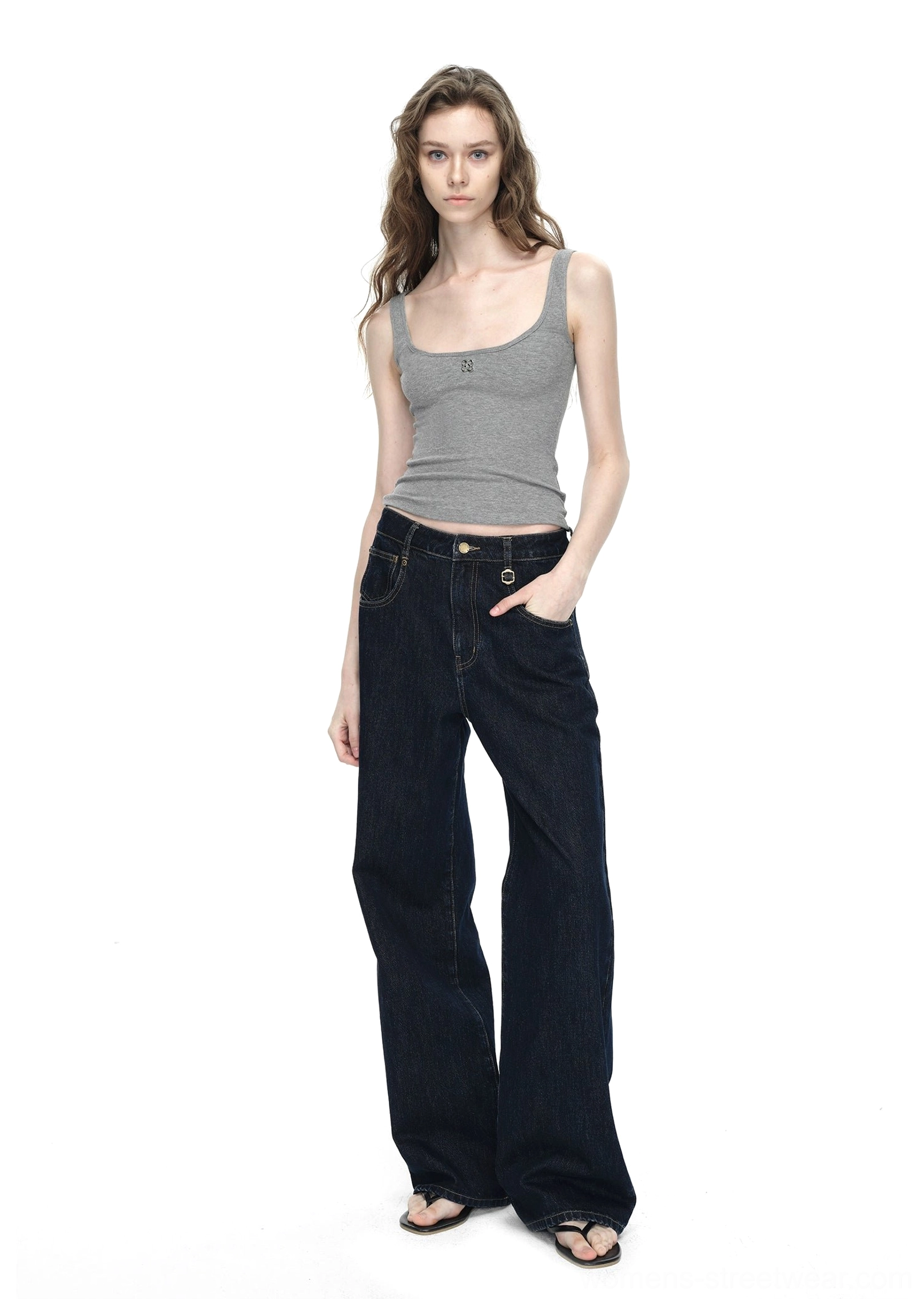 Dark blue raw denim wide-leg jeans designed for Seoul-inspired casual outfits and everyday streetwear