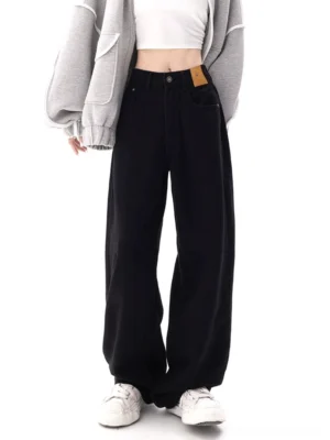 Dark blue relaxed wide-leg jeans shown from the front with a high waist, full-length cut, denim waistband patch, and casual Seoul streetwear styling