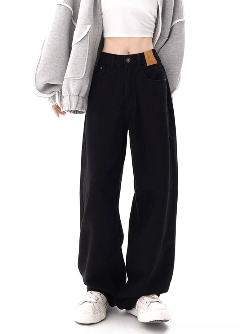 Dark blue relaxed wide-leg jeans shown from the front with a high waist, full-length cut, denim waistband patch, and casual Seoul streetwear styling