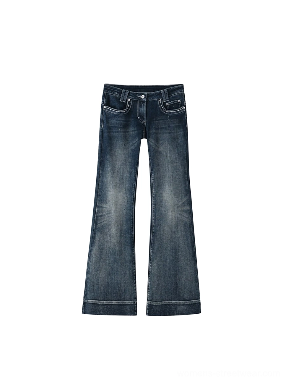 Front flat lay of dark blue worn-in vintage wash flare jeans showing front pockets, low-rise construction, faded denim finish, and stitched flared hems