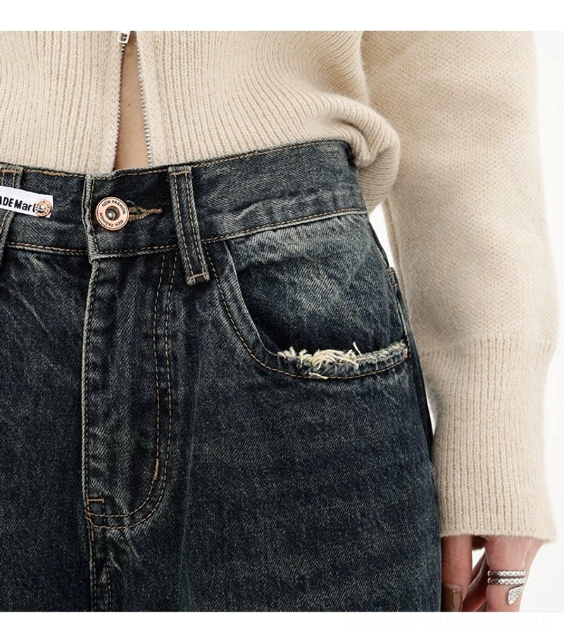 Dark blue wide-leg denim jeans relaxed high-rise fit product detail view