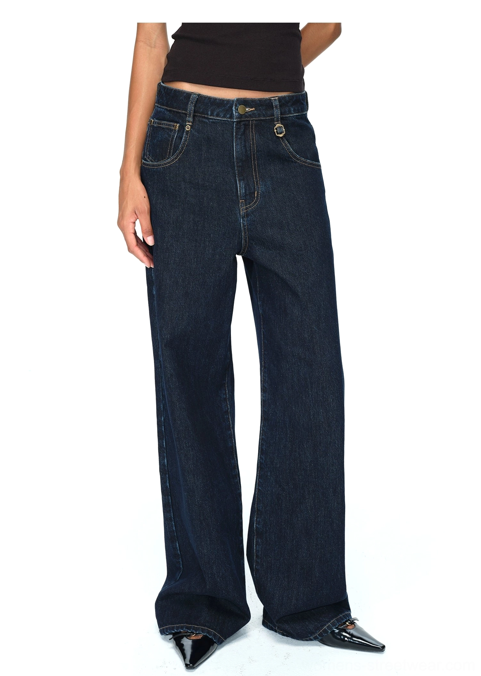 Fashion-forward dark blue wide-leg jeans combining classic denim construction with relaxed Korean style