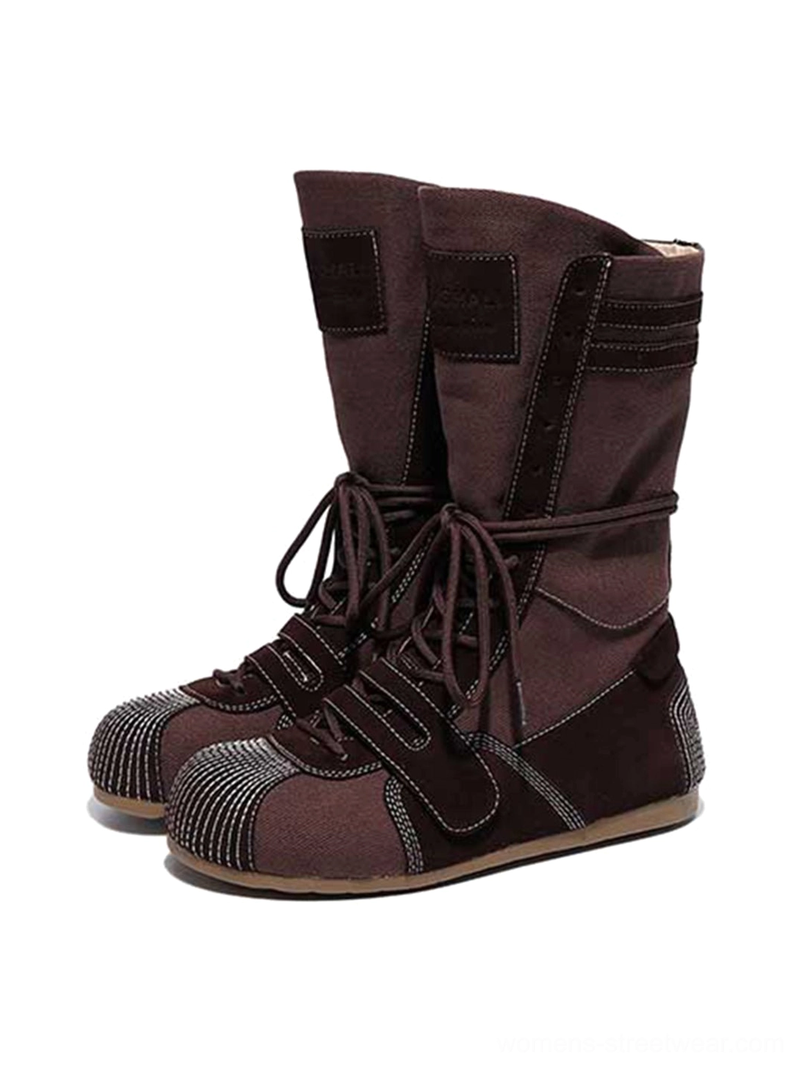 Pair of dark brown mid-calf boxing trainer boots with tonal uppers, stitched toe caps, and lace-up closure