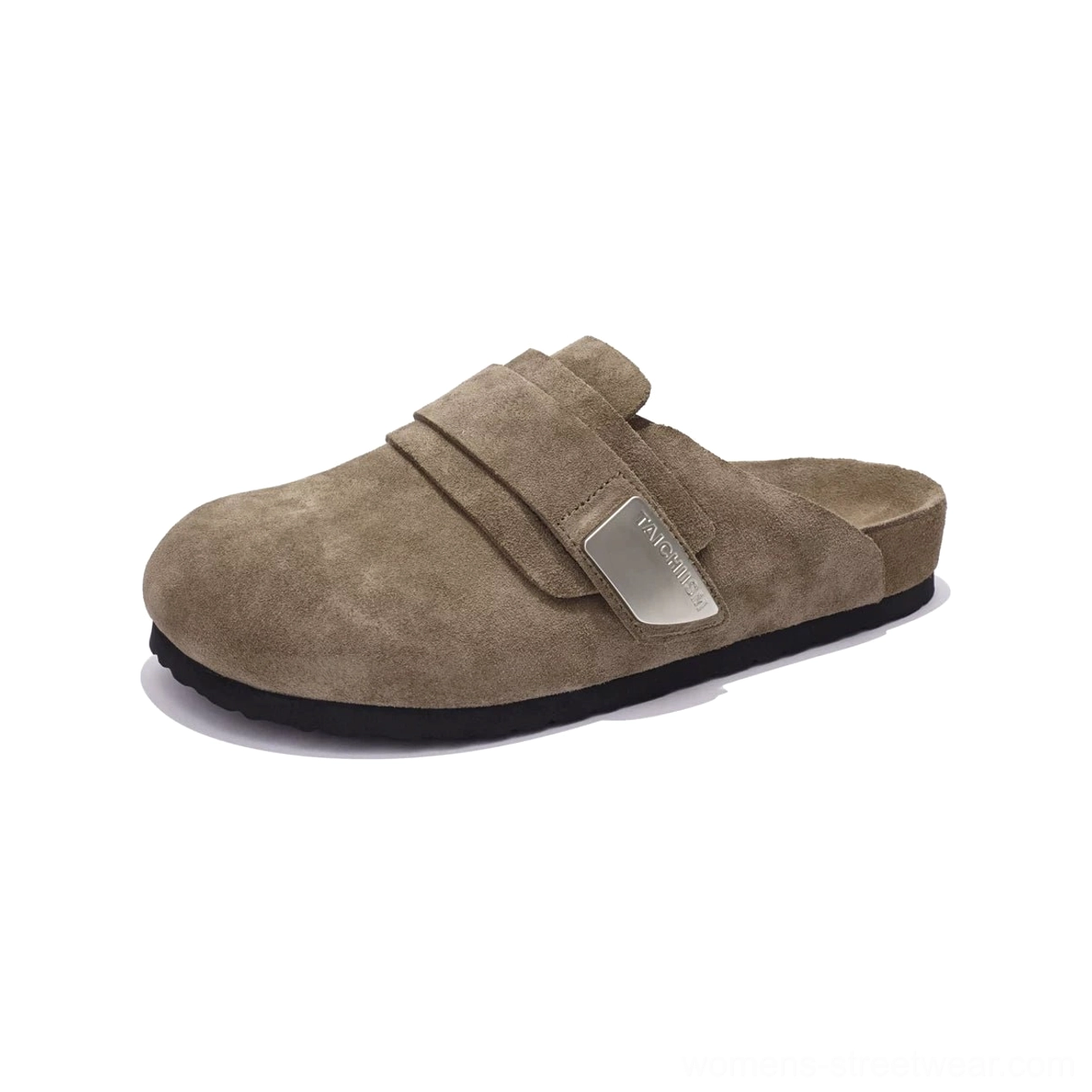 Dark brown closed-toe suede mule sandal side view with padded contoured insole and detailed leather texture