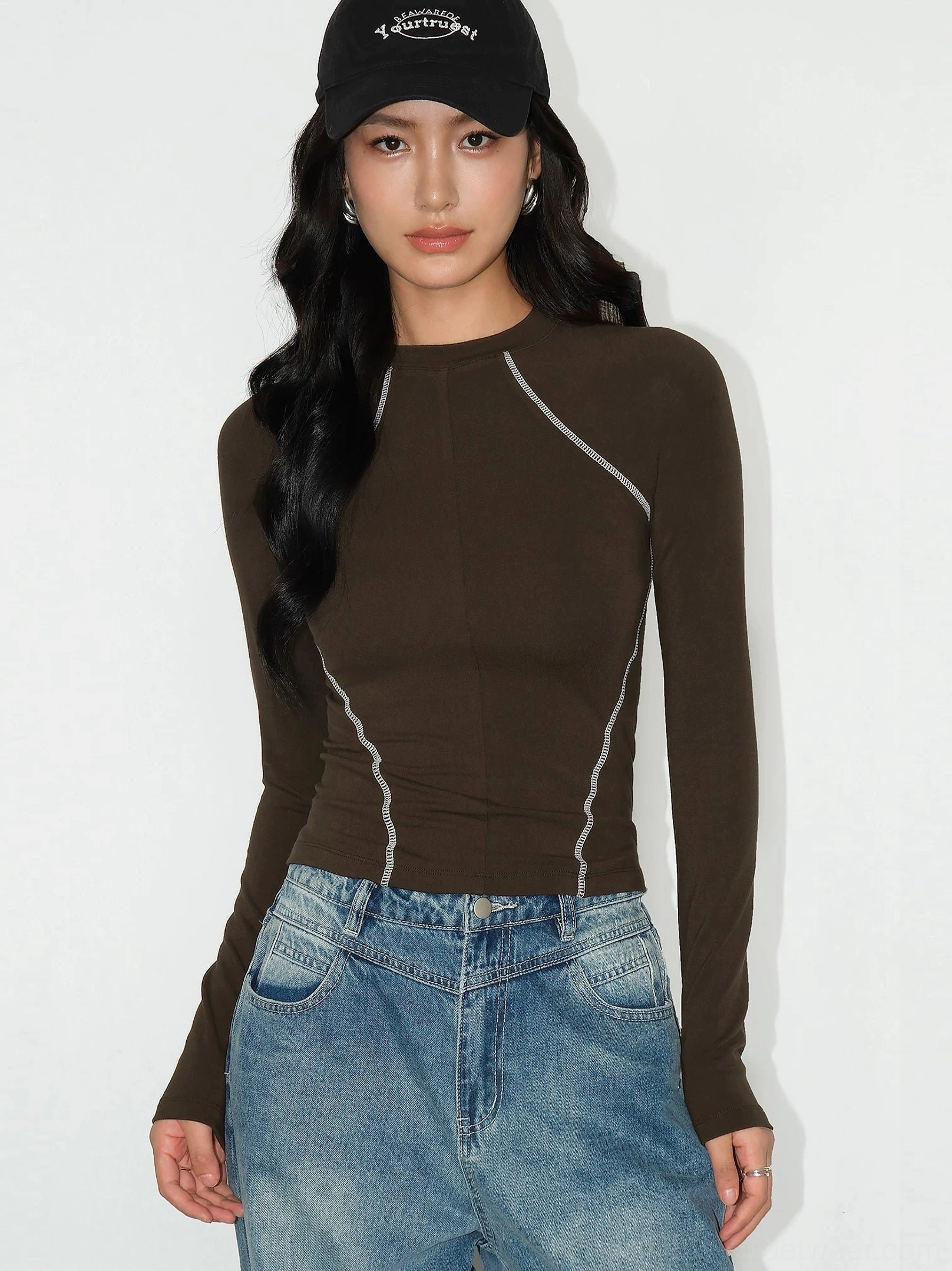Dark brown contrast stitch tee front view classic neutral tone versatile wardrobe essential