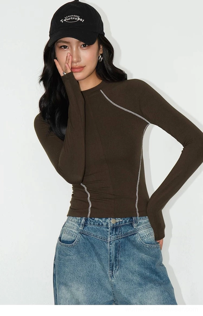 Dark brown contrast stitch cropped tee versatile neutral colorway multiple styling options