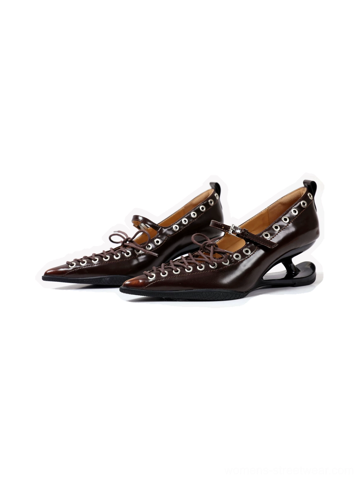 Pair of dark brown corset-lace pointed sculpted-heel pumps with glossy finish, streamlined toe, and ankle buckle strap