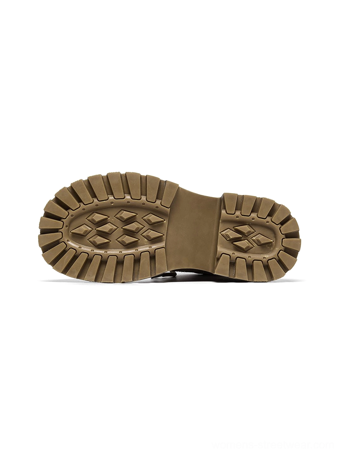 Dark brown distressed combat boots angled view showing heavy platform sole texture anti-slip lug pattern tread depth