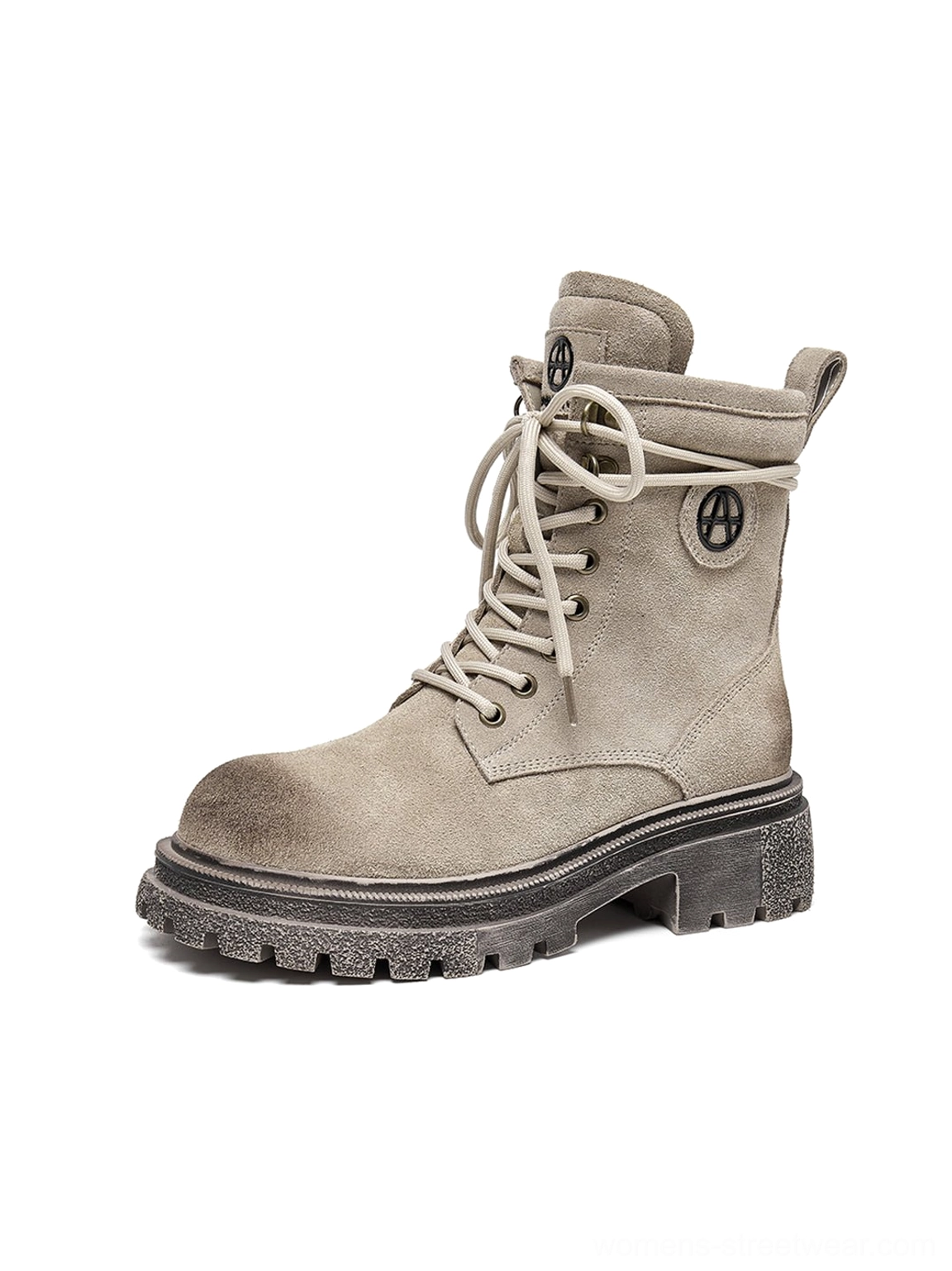Dark brown distressed combat boots insole view showing interior construction comfort features branding details logo