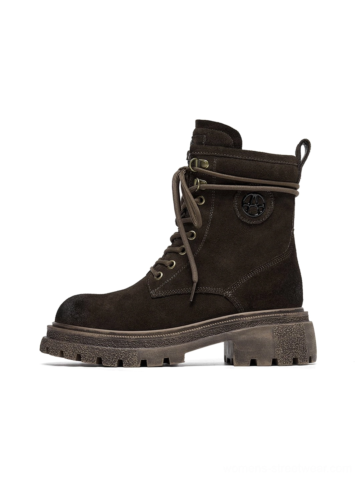 Dark brown distressed platform combat boots primary product image showing all key design features silhouette details