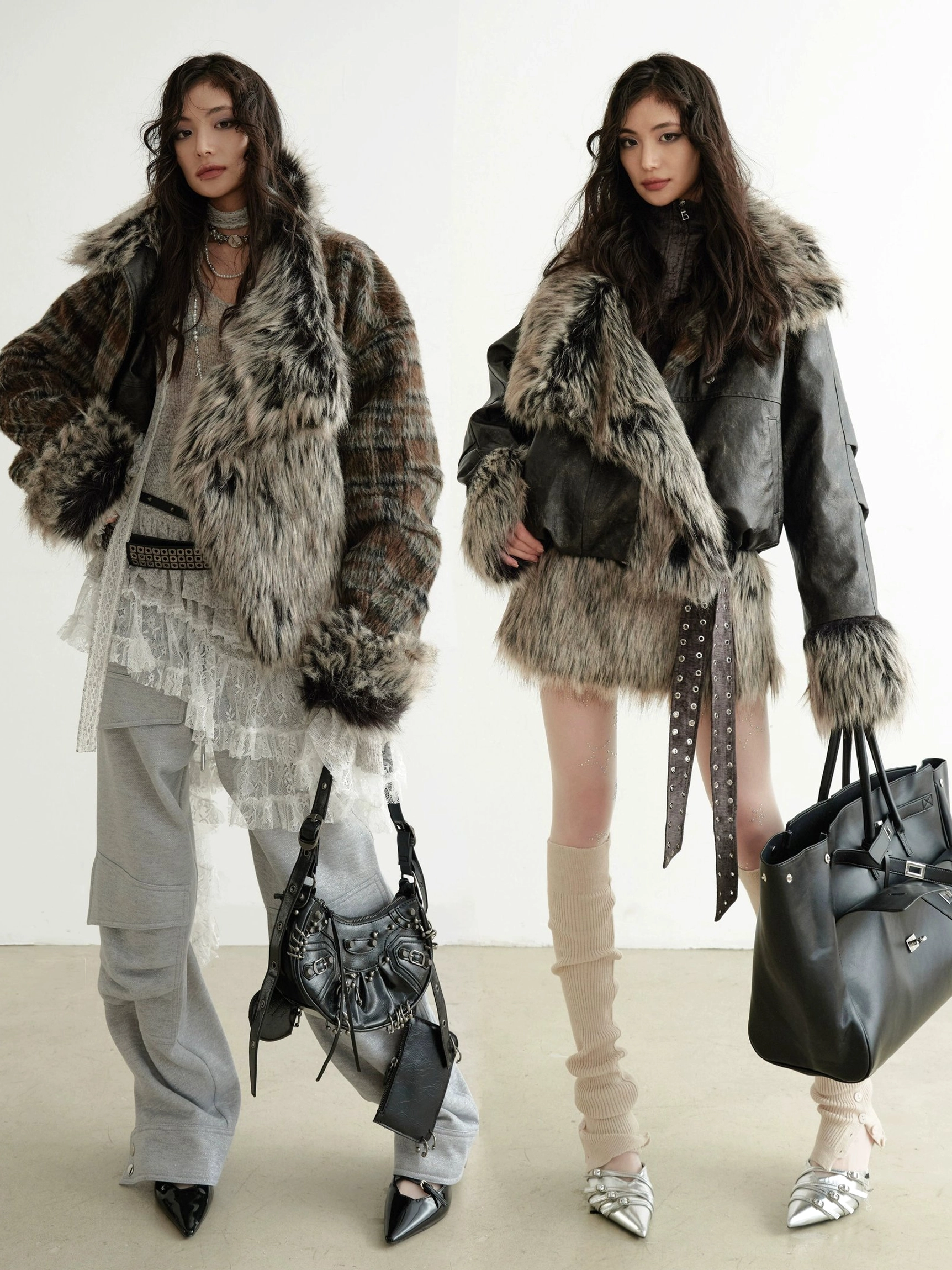 Two women wearing dark brown faux fur trim cropped jackets in relaxed winter streetwear outfits with layered tops and loose trousers