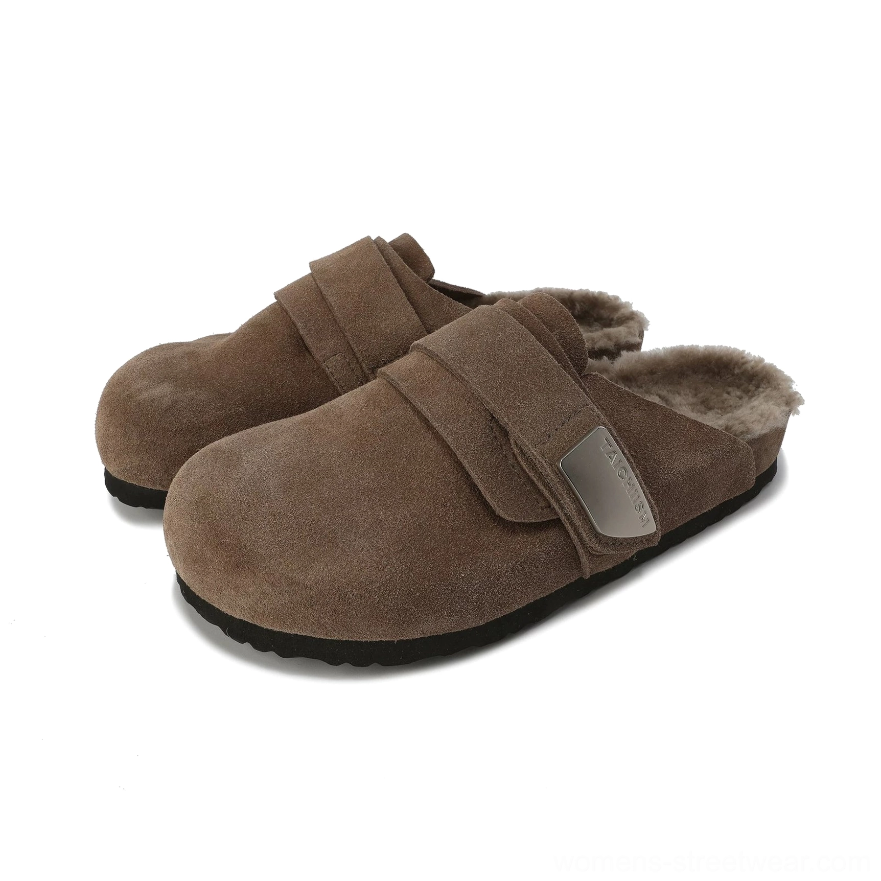 Dark brown fleece-lined closed-toe suede leather mule sandals with contoured footbed and adjustable strap