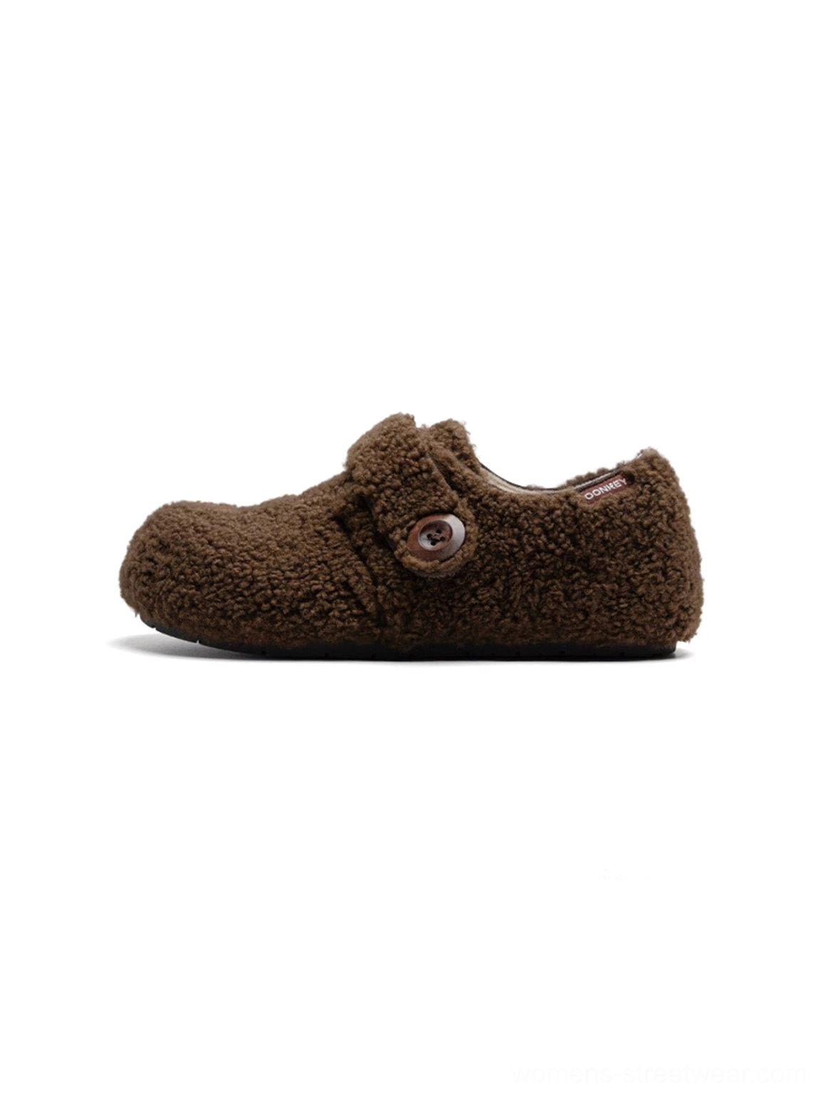 Dark brown fleece-lined Velcro slip-on shoes with soft short-pile upper rounded rubber sole and cozy streetwear profile
