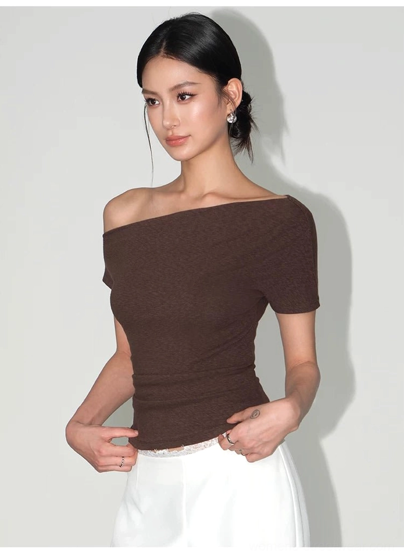 Dark brown heathered asymmetric one-shoulder short-sleeve tee with a soft stretch fitted silhouette
