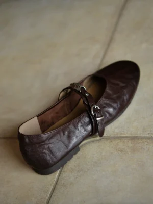 Dark brown lambskin leather Mary Jane strap flats shown from a rear three-quarter angle with silver buckle hardware and a low-profile heel