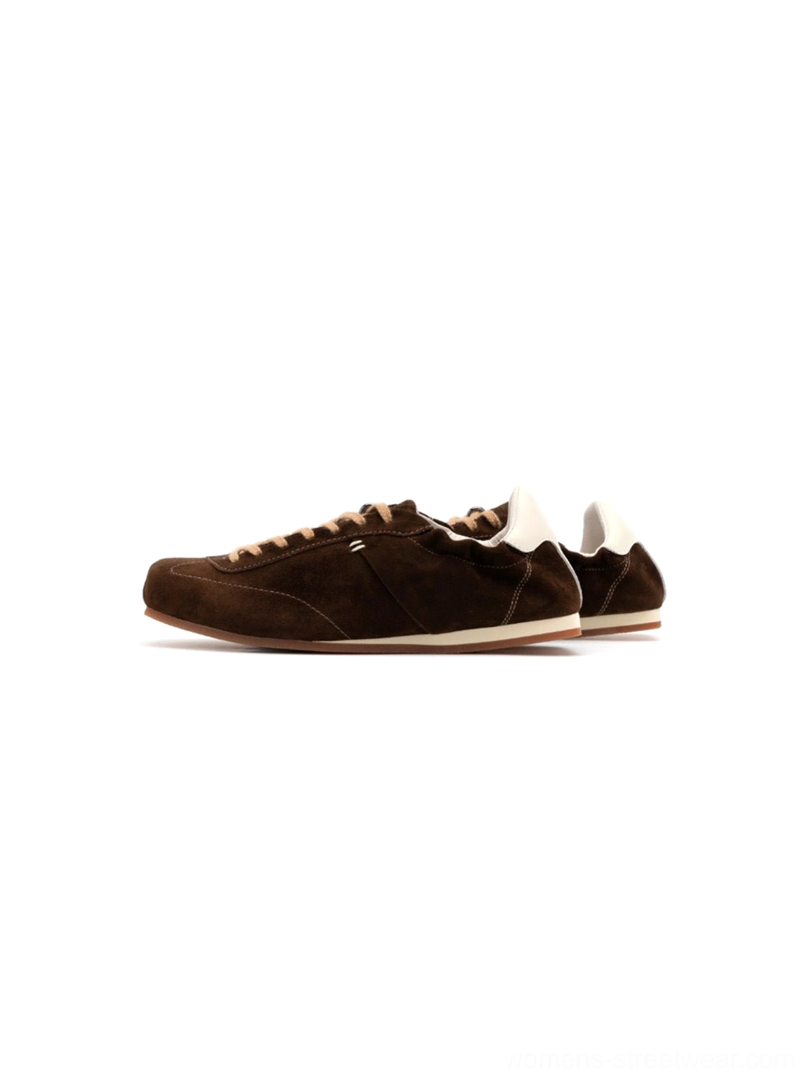 Dark brown suede-look low-profile retro trainers with classic brown laces and a slim vintage streetwear silhouette